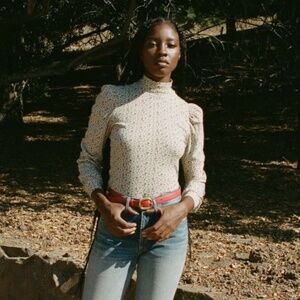 Doen Ashby Floral Pointelle Cotton Turtleneck in Windswept Dahlia